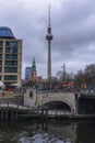 February 05, 2020: View of the Television Tower Fernsehturm in Berlin from Alexander Platz. The famous TV towe